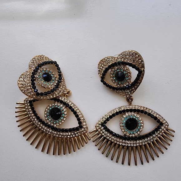 Evil Eye Gold Crystal Heat Large Earings - Picture 5 of 5